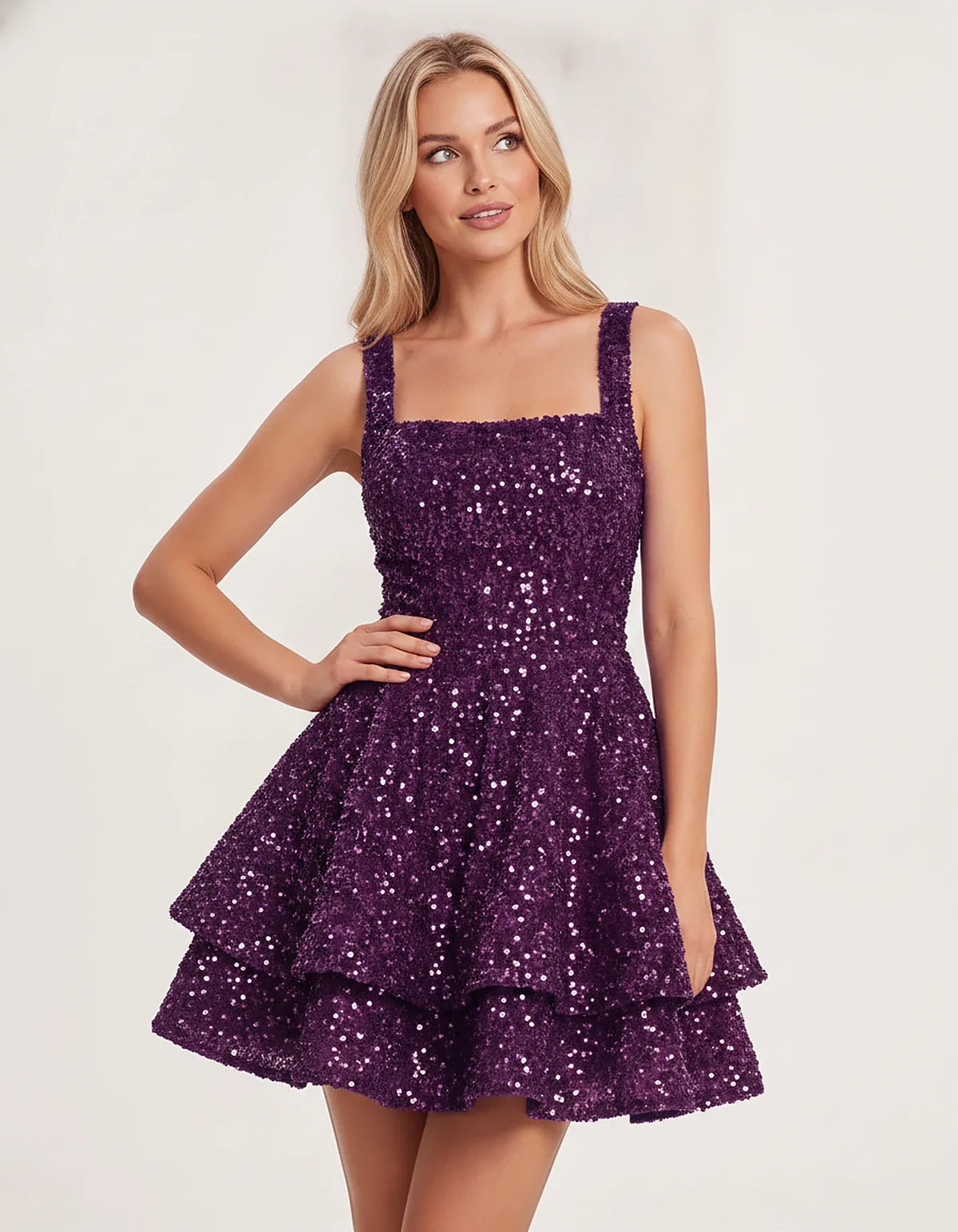 Sequin Sleeveless Square Neck Tiered A-Line Mini Dress for Party, Cocktail, Evening, Homecoming, Graduation, Wedding Guest & | SKU: LMD-583104927461825-MAUVE-L,LMD-583104927461825-MAUVE-M,LMD-583104927461825-MAUVE-S,LMD-583104927461825-MAUVE-XL,LMD-583104927461825-MAUVE-XS