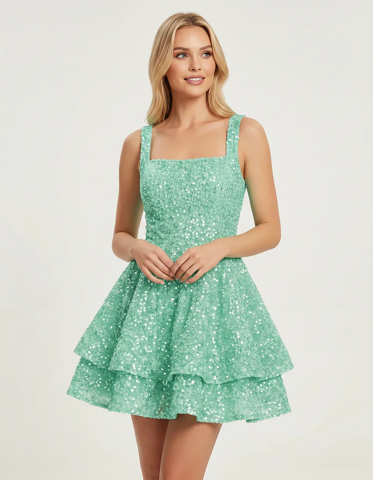 Sequin Sleeveless Square Neck Tiered A-Line Mini Dress for Party, Cocktail, Evening, Homecoming, Graduation, Wedding Guest & | SKU: LMD-583104927461825-MINT-L,LMD-583104927461825-MINT-M,LMD-583104927461825-MINT-S,LMD-583104927461825-MINT-XL,LMD-583104927461825-MINT-XS