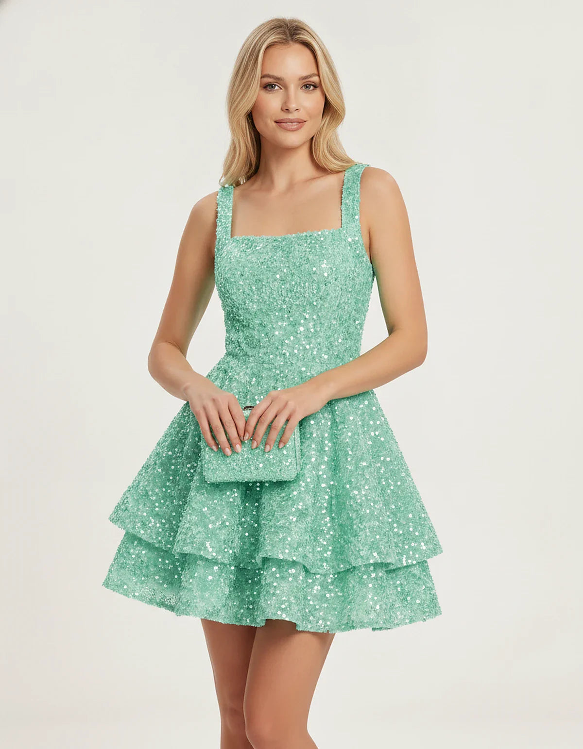 Sequin Sleeveless Square Neck Tiered A-Line Mini Dress for Party, Cocktail, Evening, Homecoming, Graduation, Wedding Guest & | SKU: LMD-583104927461825-MINT-L,LMD-583104927461825-MINT-M,LMD-583104927461825-MINT-S,LMD-583104927461825-MINT-XL,LMD-583104927461825-MINT-XS