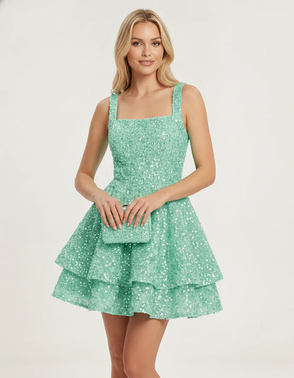 Sequin Sleeveless Square Neck Tiered A-Line Mini Dress for Party, Cocktail, Evening, Homecoming, Graduation, Wedding Guest & | SKU: LMD-583104927461825-MINT-L,LMD-583104927461825-MINT-M,LMD-583104927461825-MINT-S,LMD-583104927461825-MINT-XL,LMD-583104927461825-MINT-XS