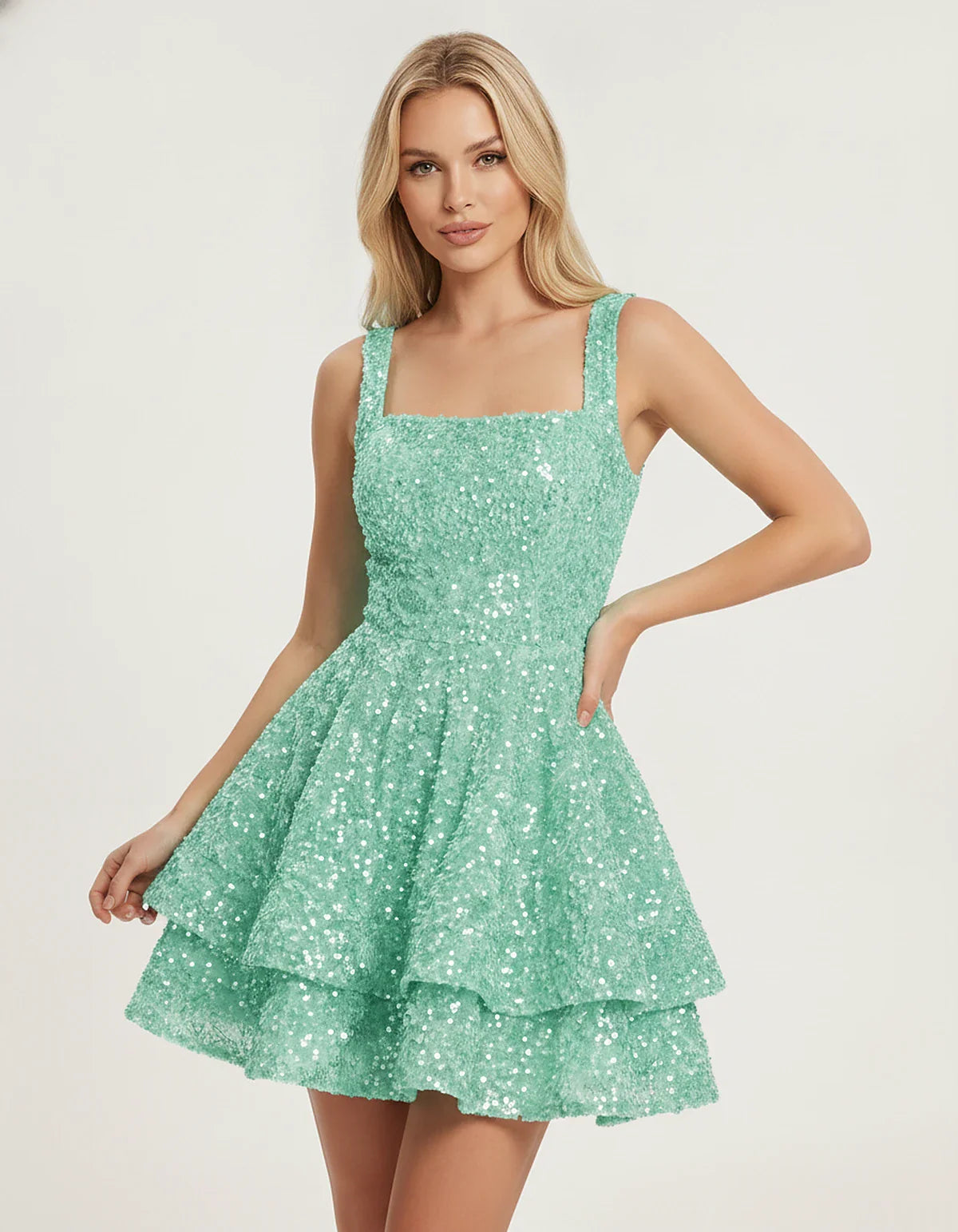 Sequin Sleeveless Square Neck Tiered A-Line Mini Dress for Party, Cocktail, Evening, Homecoming, Graduation, Wedding Guest & | SKU: LMD-583104927461825-MINT-L,LMD-583104927461825-MINT-M,LMD-583104927461825-MINT-S,LMD-583104927461825-MINT-XL,LMD-583104927461825-MINT-XS