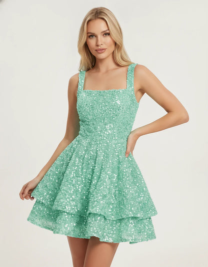 Sequin Sleeveless Square Neck Tiered A-Line Mini Dress for Party, Cocktail, Evening, Homecoming, Graduation, Wedding Guest & | SKU: LMD-583104927461825-MINT-L,LMD-583104927461825-MINT-M,LMD-583104927461825-MINT-S,LMD-583104927461825-MINT-XL,LMD-583104927461825-MINT-XS
