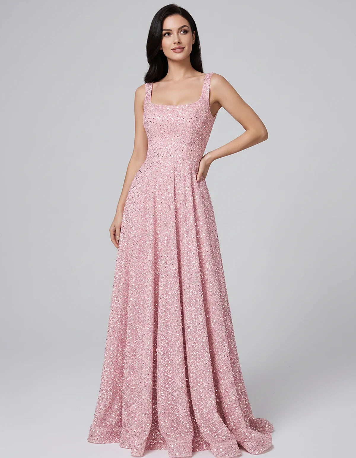Sequin spaghetti strap square neck A-line floor length maxi dress for party, cocktail, evening, wedding guest, summer formal | SKU: SPD-482913756014582-BLUSH-L,SPD-482913756014582-BLUSH-M,SPD-482913756014582-BLUSH-S,SPD-482913756014582-BLUSH-XL,SPD-482913756014582-BLUSH-XS