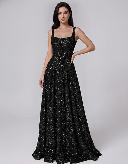 Sequin spaghetti strap square neck A-line floor length maxi dress for party, cocktail, evening, wedding guest, summer formal | SKU: SPD-482913756014582-BLACK-L,SPD-482913756014582-BLACK-M,SPD-482913756014582-BLACK-S,SPD-482913756014582-BLACK-XL,SPD-482913756014582-BLACK-XS