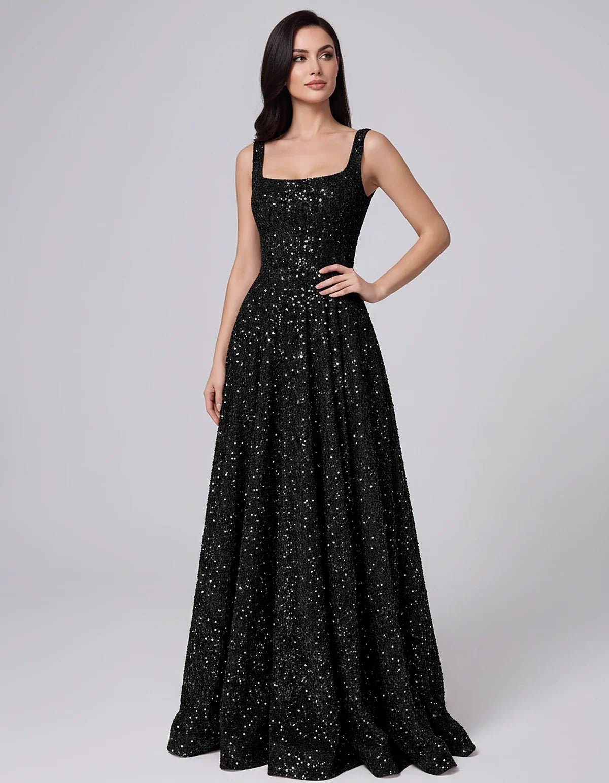 Sequin spaghetti strap square neck A-line floor length maxi dress for party, cocktail, evening, wedding guest, summer formal | SKU: SPD-482913756014582-BLACK-L,SPD-482913756014582-BLACK-M,SPD-482913756014582-BLACK-S,SPD-482913756014582-BLACK-XL,SPD-482913756014582-BLACK-XS