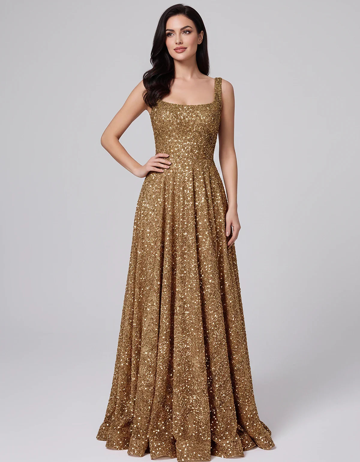 Sequin spaghetti strap square neck A-line floor length maxi dress for party, cocktail, evening, wedding guest, summer formal | SKU: SPD-482913756014582-BROWN-L,SPD-482913756014582-BROWN-M,SPD-482913756014582-BROWN-S,SPD-482913756014582-BROWN-XL,SPD-482913756014582-BROWN-XS