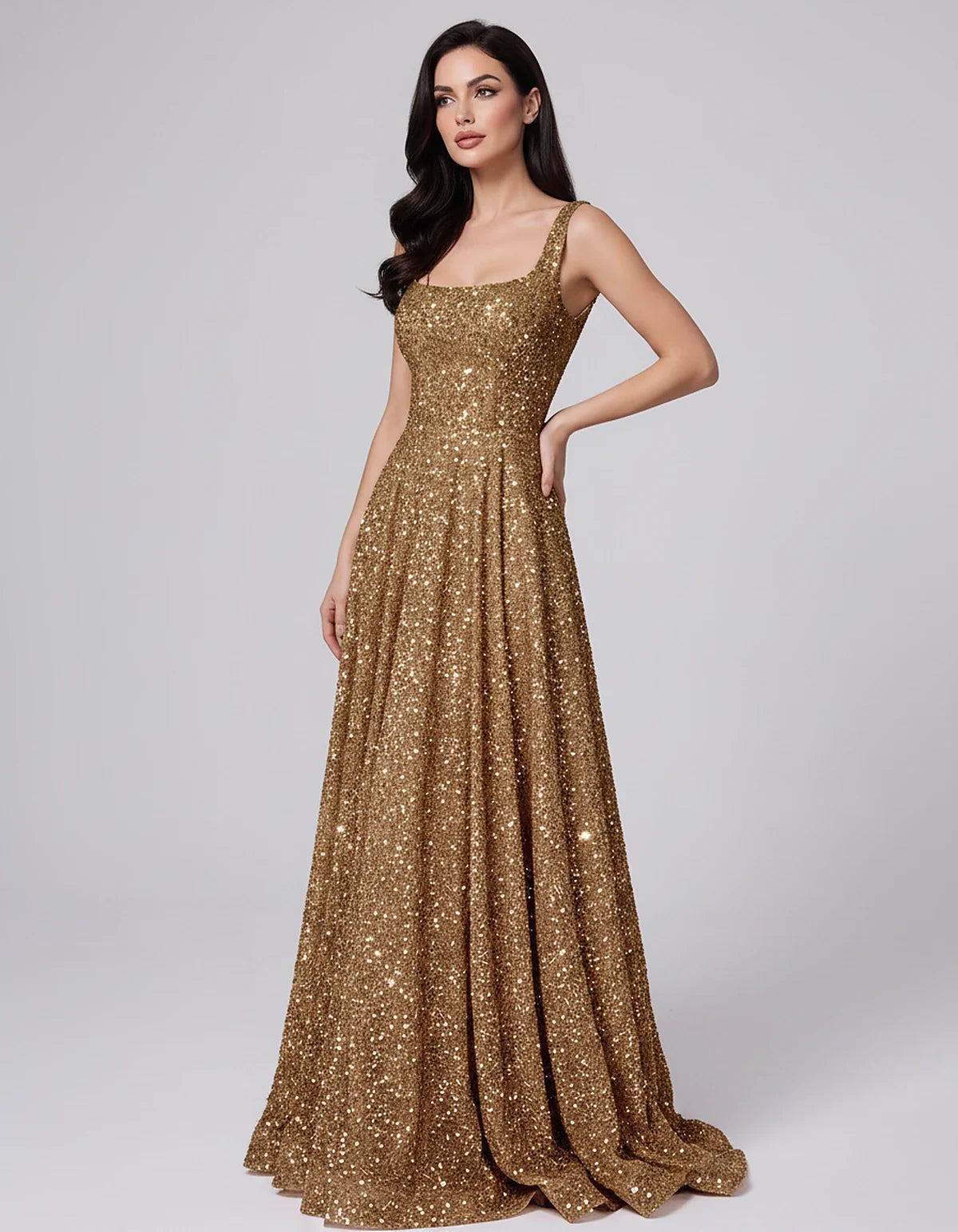 Sequin spaghetti strap square neck A-line floor length maxi dress for party, cocktail, evening, wedding guest, summer formal | SKU: SPD-482913756014582-BROWN-L,SPD-482913756014582-BROWN-M,SPD-482913756014582-BROWN-S,SPD-482913756014582-BROWN-XL,SPD-482913756014582-BROWN-XS