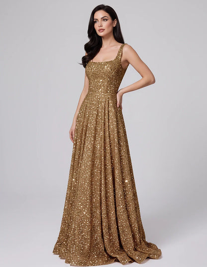 Sequin spaghetti strap square neck A-line floor length maxi dress for party, cocktail, evening, wedding guest, summer formal | SKU: SPD-482913756014582-BROWN-L,SPD-482913756014582-BROWN-M,SPD-482913756014582-BROWN-S,SPD-482913756014582-BROWN-XL,SPD-482913756014582-BROWN-XS