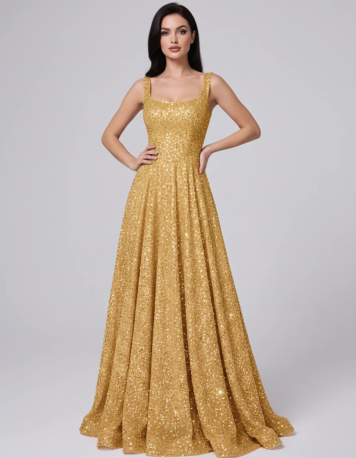 Sequin spaghetti strap square neck A-line floor length maxi dress for party, cocktail, evening, wedding guest, summer formal | SKU: SPD-482913756014582-GOLD-L,SPD-482913756014582-GOLD-M,SPD-482913756014582-GOLD-S,SPD-482913756014582-GOLD-XL,SPD-482913756014582-GOLD-XS