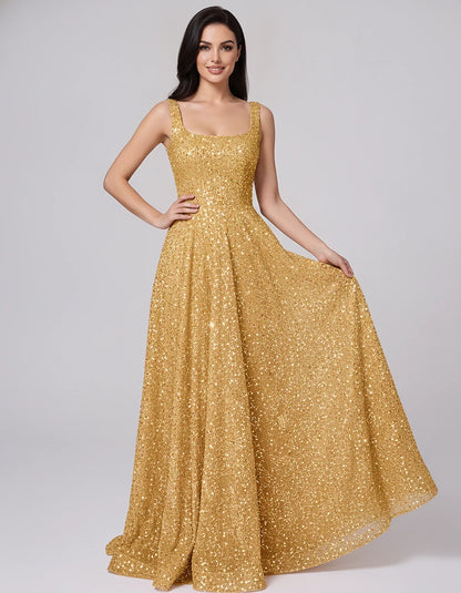 Sequin spaghetti strap square neck A-line floor length maxi dress for party, cocktail, evening, wedding guest, summer formal | SKU: SPD-482913756014582-GOLD-L,SPD-482913756014582-GOLD-M,SPD-482913756014582-GOLD-S,SPD-482913756014582-GOLD-XL,SPD-482913756014582-GOLD-XS