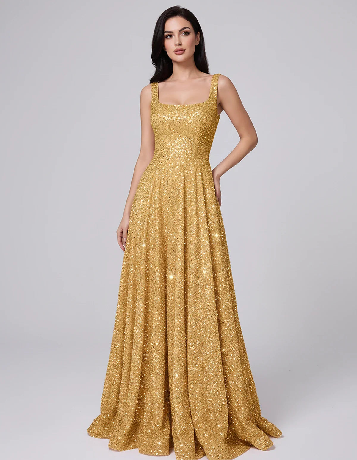 Sequin spaghetti strap square neck A-line floor length maxi dress for party, cocktail, evening, wedding guest, summer formal | SKU: SPD-482913756014582-GOLD-L,SPD-482913756014582-GOLD-M,SPD-482913756014582-GOLD-S,SPD-482913756014582-GOLD-XL,SPD-482913756014582-GOLD-XS