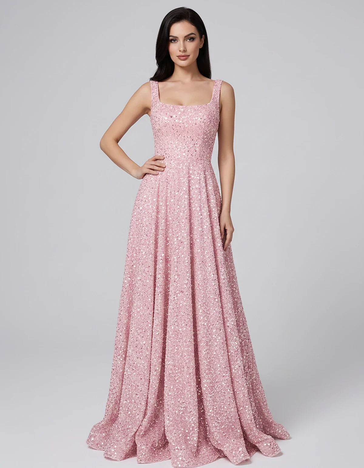 Sequin spaghetti strap square neck A-line floor length maxi dress for party, cocktail, evening, wedding guest, summer formal | SKU: SPD-482913756014582-BLUSH-L,SPD-482913756014582-BLUSH-M,SPD-482913756014582-BLUSH-S,SPD-482913756014582-BLUSH-XL,SPD-482913756014582-BLUSH-XS