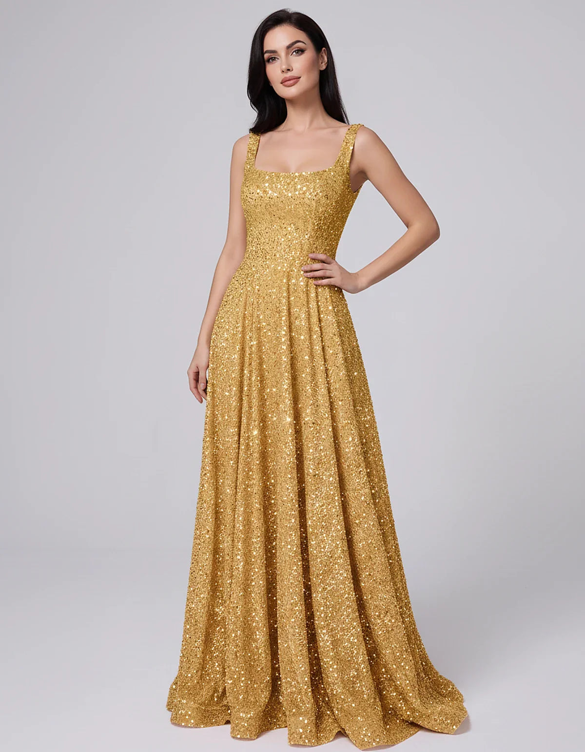 Sequin spaghetti strap square neck A-line floor length maxi dress for party, cocktail, evening, wedding guest, summer formal | SKU: SPD-482913756014582-GOLD-L,SPD-482913756014582-GOLD-M,SPD-482913756014582-GOLD-S,SPD-482913756014582-GOLD-XL,SPD-482913756014582-GOLD-XS