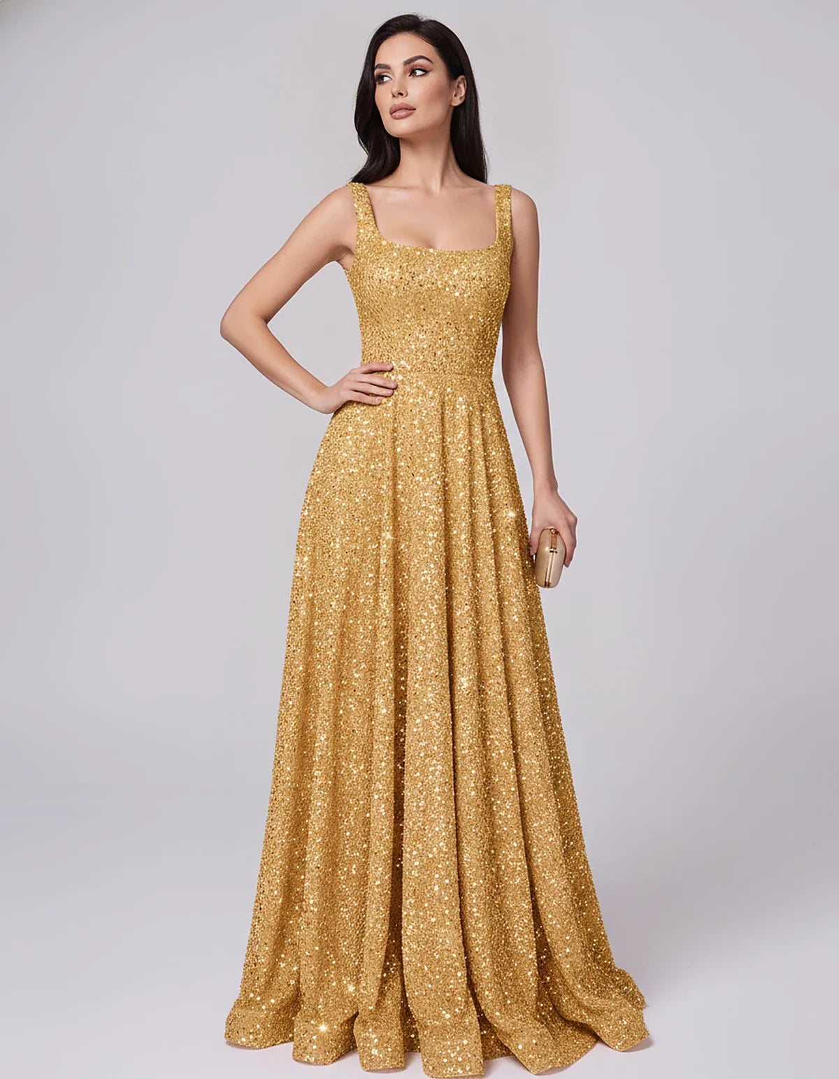 Sequin spaghetti strap square neck A-line floor length maxi dress for party, cocktail, evening, wedding guest, summer formal | SKU: SPD-482913756014582-GOLD-L,SPD-482913756014582-GOLD-M,SPD-482913756014582-GOLD-S,SPD-482913756014582-GOLD-XL,SPD-482913756014582-GOLD-XS