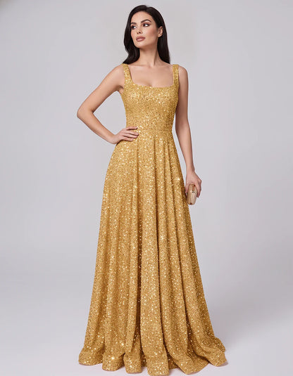 Sequin spaghetti strap square neck A-line floor length maxi dress for party, cocktail, evening, wedding guest, summer formal | SKU: SPD-482913756014582-GOLD-L,SPD-482913756014582-GOLD-M,SPD-482913756014582-GOLD-S,SPD-482913756014582-GOLD-XL,SPD-482913756014582-GOLD-XS