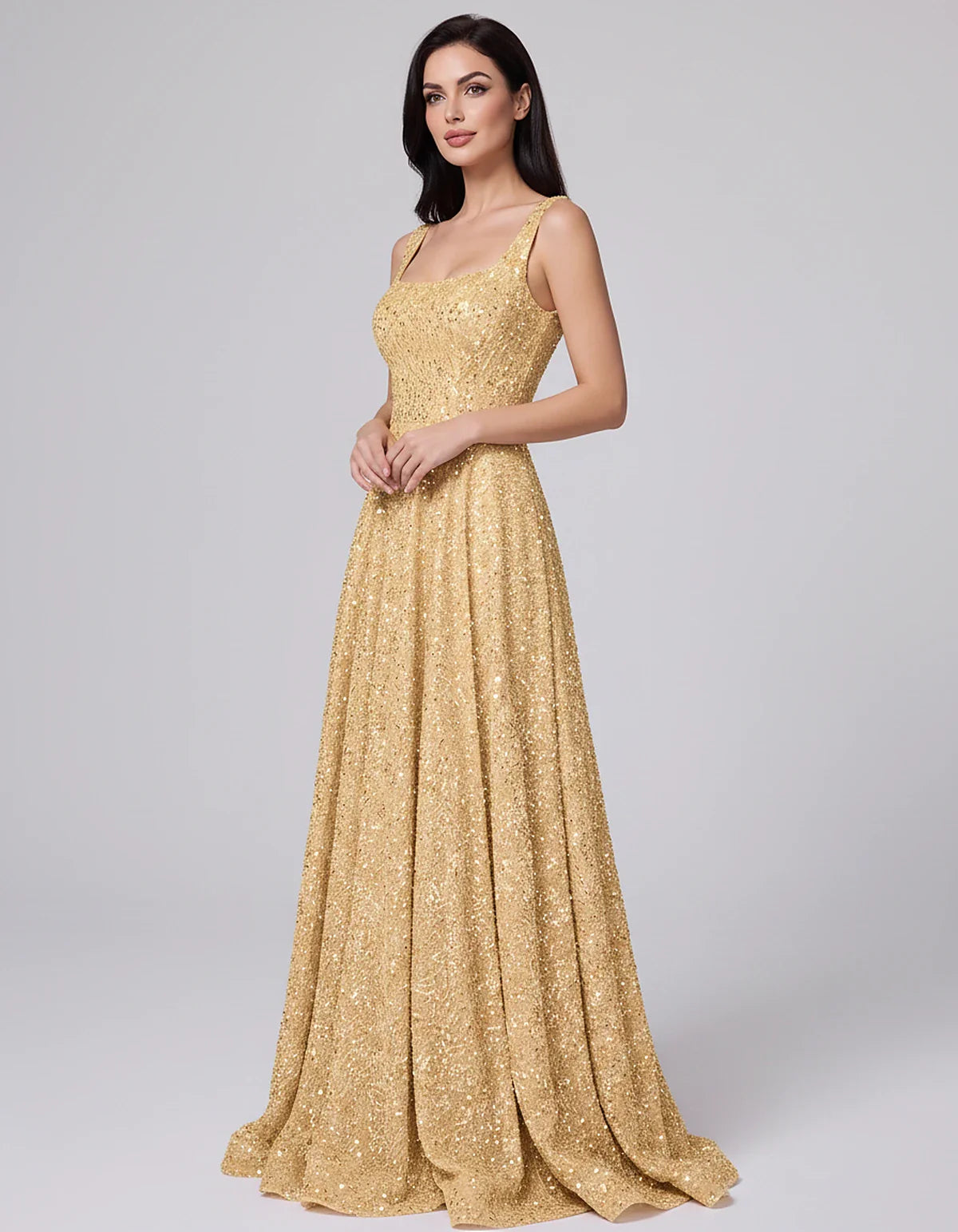Sequin spaghetti strap square neck A-line floor length maxi dress for party, cocktail, evening, wedding guest, summer formal | SKU: SPD-482913756014582-LIGHTYELLOW-L,SPD-482913756014582-LIGHTYELLOW-M,SPD-482913756014582-LIGHTYELLOW-S,SPD-482913756014582-LIGHTYELLOW-XL,SPD-482913756014582-LIGHTYELLOW-XS