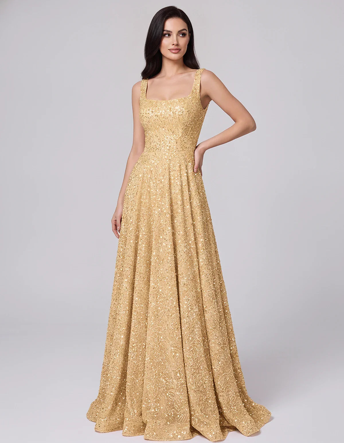 Sequin spaghetti strap square neck A-line floor length maxi dress for party, cocktail, evening, wedding guest, summer formal | SKU: SPD-482913756014582-LIGHTYELLOW-L,SPD-482913756014582-LIGHTYELLOW-M,SPD-482913756014582-LIGHTYELLOW-S,SPD-482913756014582-LIGHTYELLOW-XL,SPD-482913756014582-LIGHTYELLOW-XS