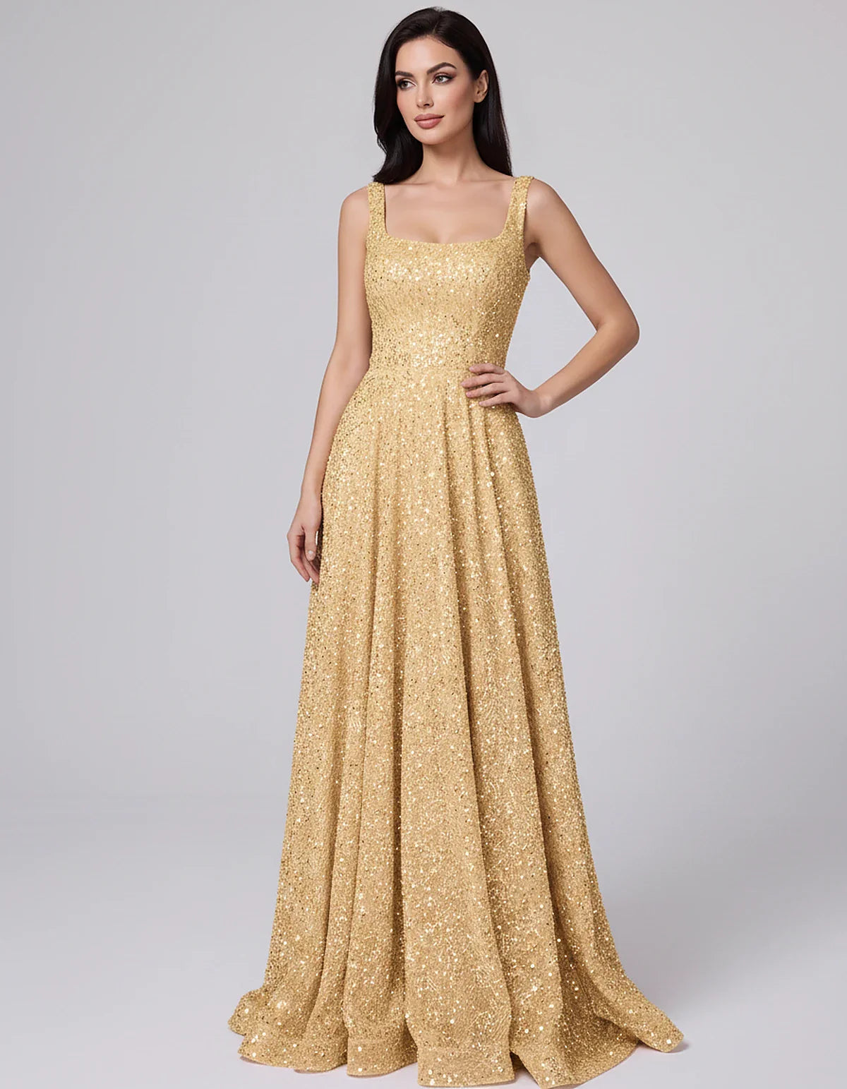 Sequin spaghetti strap square neck A-line floor length maxi dress for party, cocktail, evening, wedding guest, summer formal | SKU: SPD-482913756014582-LIGHTYELLOW-L,SPD-482913756014582-LIGHTYELLOW-M,SPD-482913756014582-LIGHTYELLOW-S,SPD-482913756014582-LIGHTYELLOW-XL,SPD-482913756014582-LIGHTYELLOW-XS