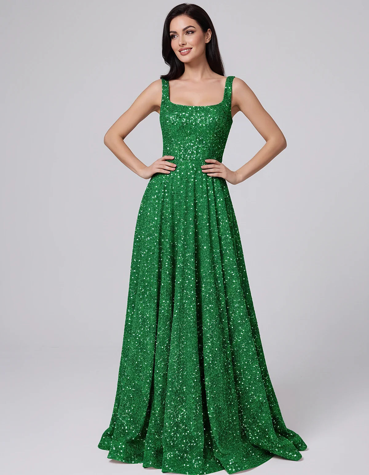 Sequin spaghetti strap square neck A-line floor length maxi dress for party, cocktail, evening, wedding guest, summer formal | SKU: SPD-482913756014582-GREEN-L,SPD-482913756014582-GREEN-M,SPD-482913756014582-GREEN-S,SPD-482913756014582-GREEN-XL,SPD-482913756014582-GREEN-XS