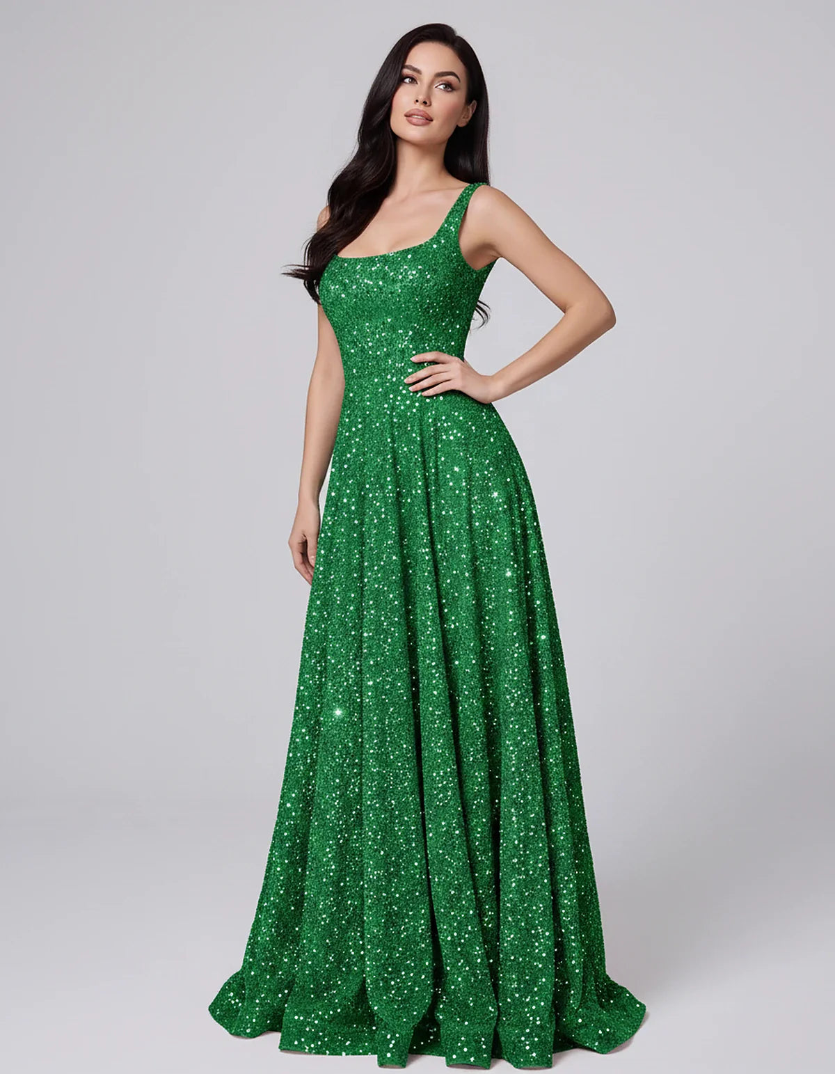 Sequin spaghetti strap square neck A-line floor length maxi dress for party, cocktail, evening, wedding guest, summer formal | SKU: SPD-482913756014582-GREEN-L,SPD-482913756014582-GREEN-M,SPD-482913756014582-GREEN-S,SPD-482913756014582-GREEN-XL,SPD-482913756014582-GREEN-XS