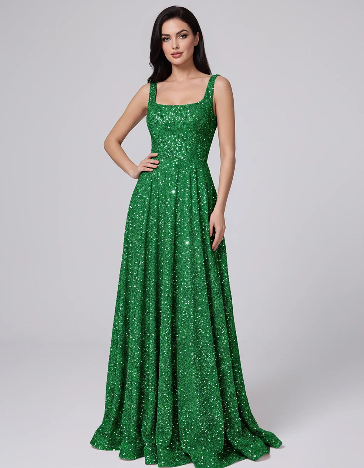 Sequin spaghetti strap square neck A-line floor length maxi dress for party, cocktail, evening, wedding guest, summer formal | SKU: SPD-482913756014582-GREEN-L,SPD-482913756014582-GREEN-M,SPD-482913756014582-GREEN-S,SPD-482913756014582-GREEN-XL,SPD-482913756014582-GREEN-XS