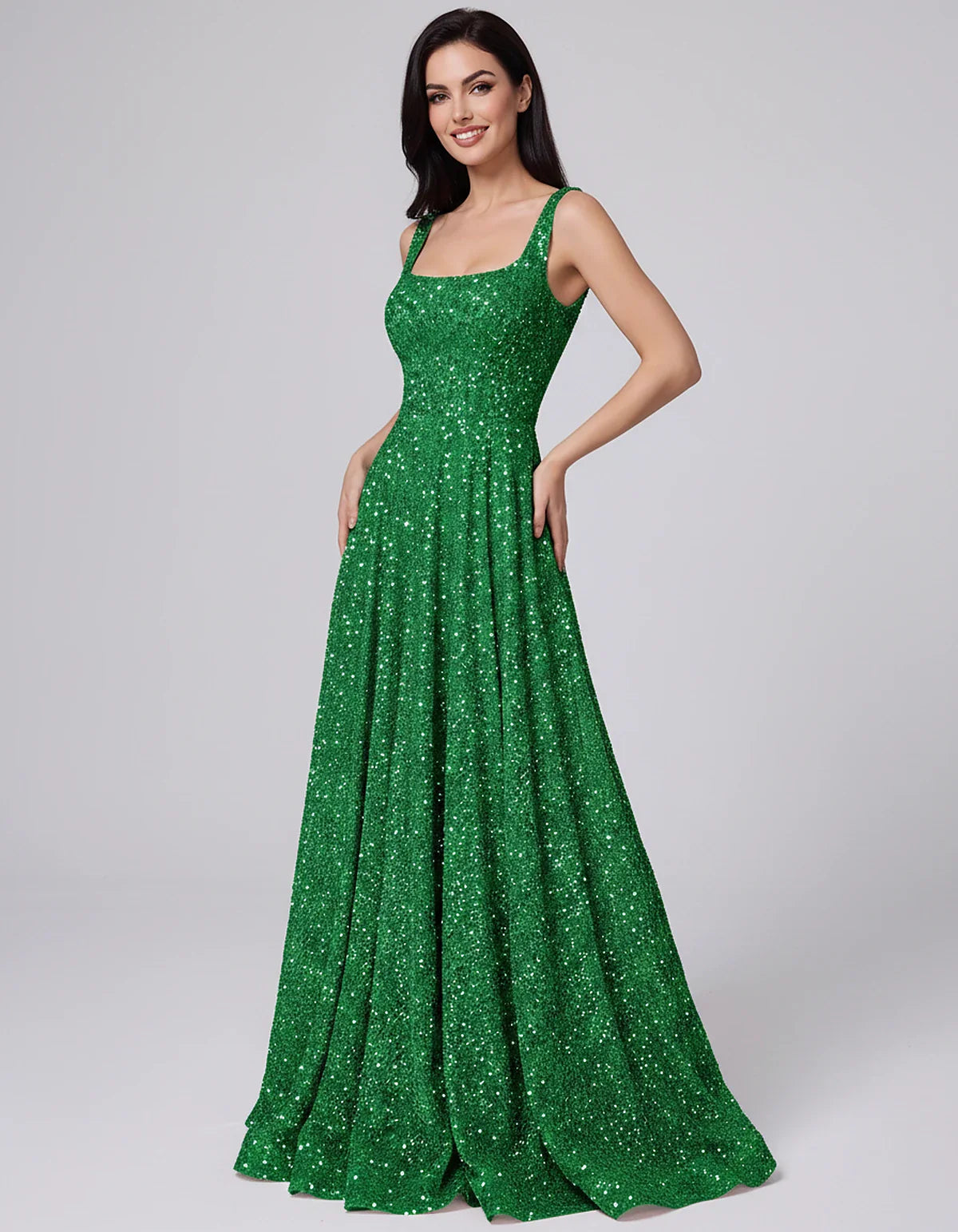 Sequin spaghetti strap square neck A-line floor length maxi dress for party, cocktail, evening, wedding guest, summer formal | SKU: SPD-482913756014582-GREEN-L,SPD-482913756014582-GREEN-M,SPD-482913756014582-GREEN-S,SPD-482913756014582-GREEN-XL,SPD-482913756014582-GREEN-XS