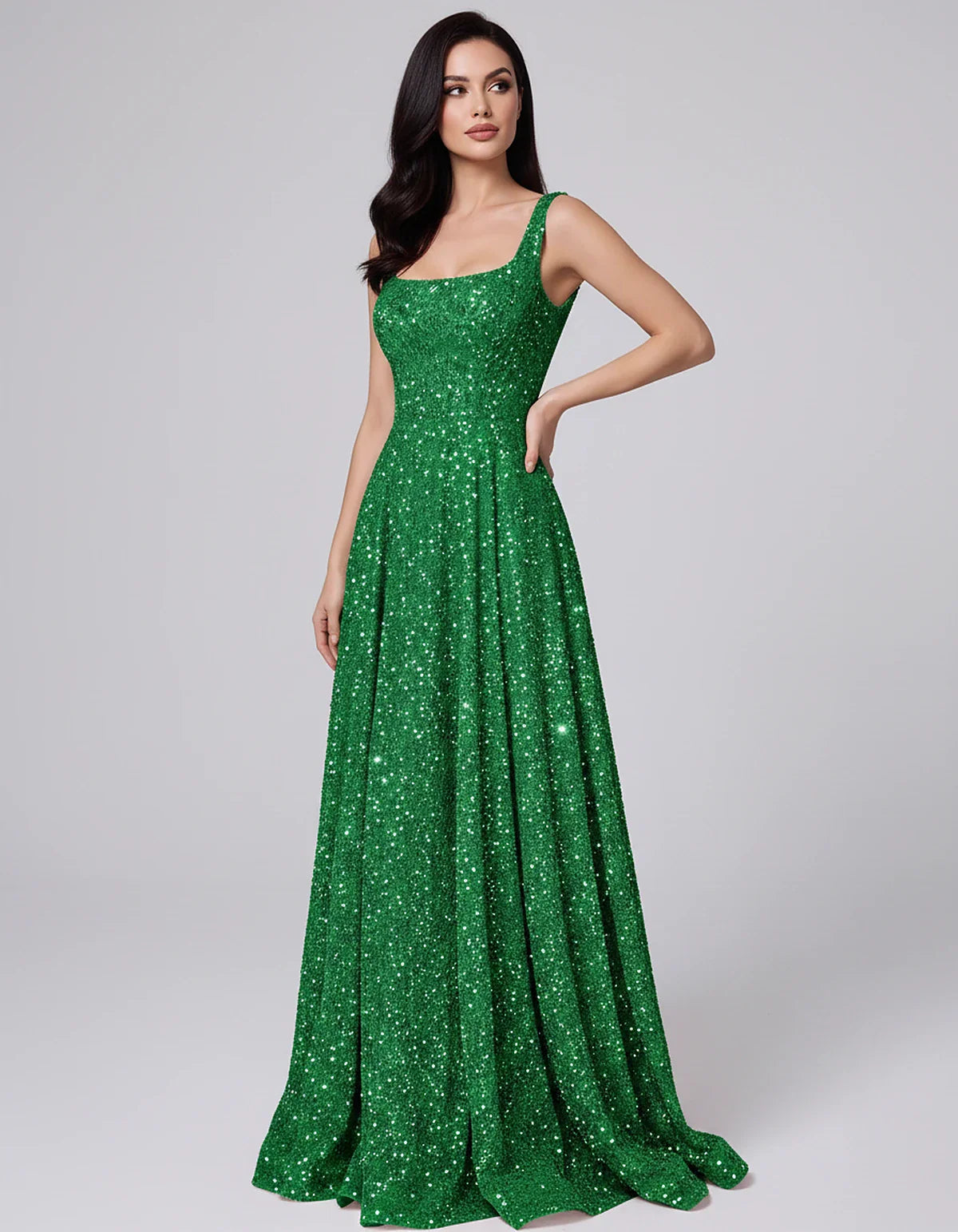 Sequin spaghetti strap square neck A-line floor length maxi dress for party, cocktail, evening, wedding guest, summer formal | SKU: SPD-482913756014582-GREEN-L,SPD-482913756014582-GREEN-M,SPD-482913756014582-GREEN-S,SPD-482913756014582-GREEN-XL,SPD-482913756014582-GREEN-XS