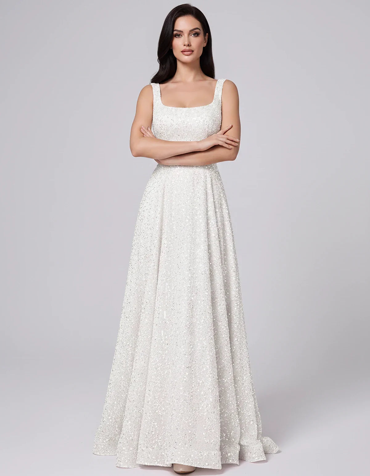 Sequin spaghetti strap square neck A-line floor length maxi dress for party, cocktail, evening, wedding guest, summer formal | SKU: SPD-482913756014582-IVORY-L,SPD-482913756014582-IVORY-M,SPD-482913756014582-IVORY-S,SPD-482913756014582-IVORY-XL,SPD-482913756014582-IVORY-XS