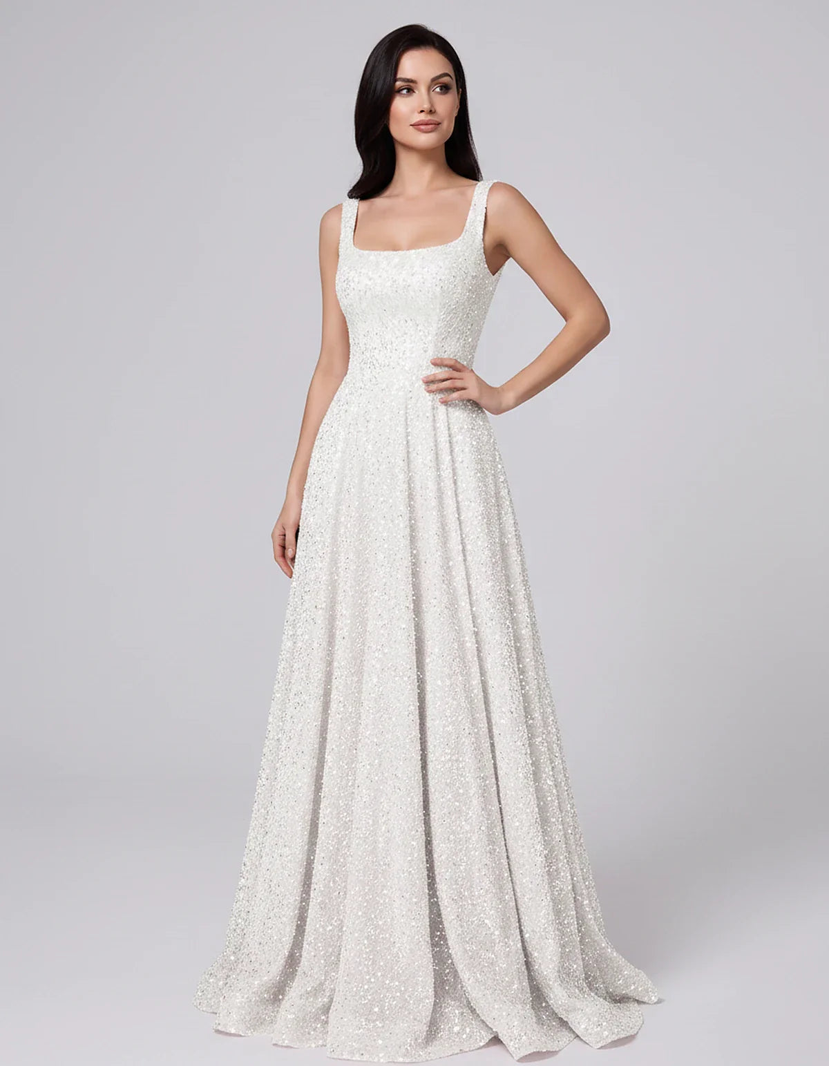 Sequin spaghetti strap square neck A-line floor length maxi dress for party, cocktail, evening, wedding guest, summer formal | SKU: SPD-482913756014582-IVORY-L,SPD-482913756014582-IVORY-M,SPD-482913756014582-IVORY-S,SPD-482913756014582-IVORY-XL,SPD-482913756014582-IVORY-XS