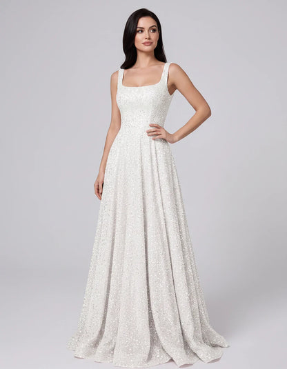 Sequin spaghetti strap square neck A-line floor length maxi dress for party, cocktail, evening, wedding guest, summer formal | SKU: SPD-482913756014582-IVORY-L,SPD-482913756014582-IVORY-M,SPD-482913756014582-IVORY-S,SPD-482913756014582-IVORY-XL,SPD-482913756014582-IVORY-XS
