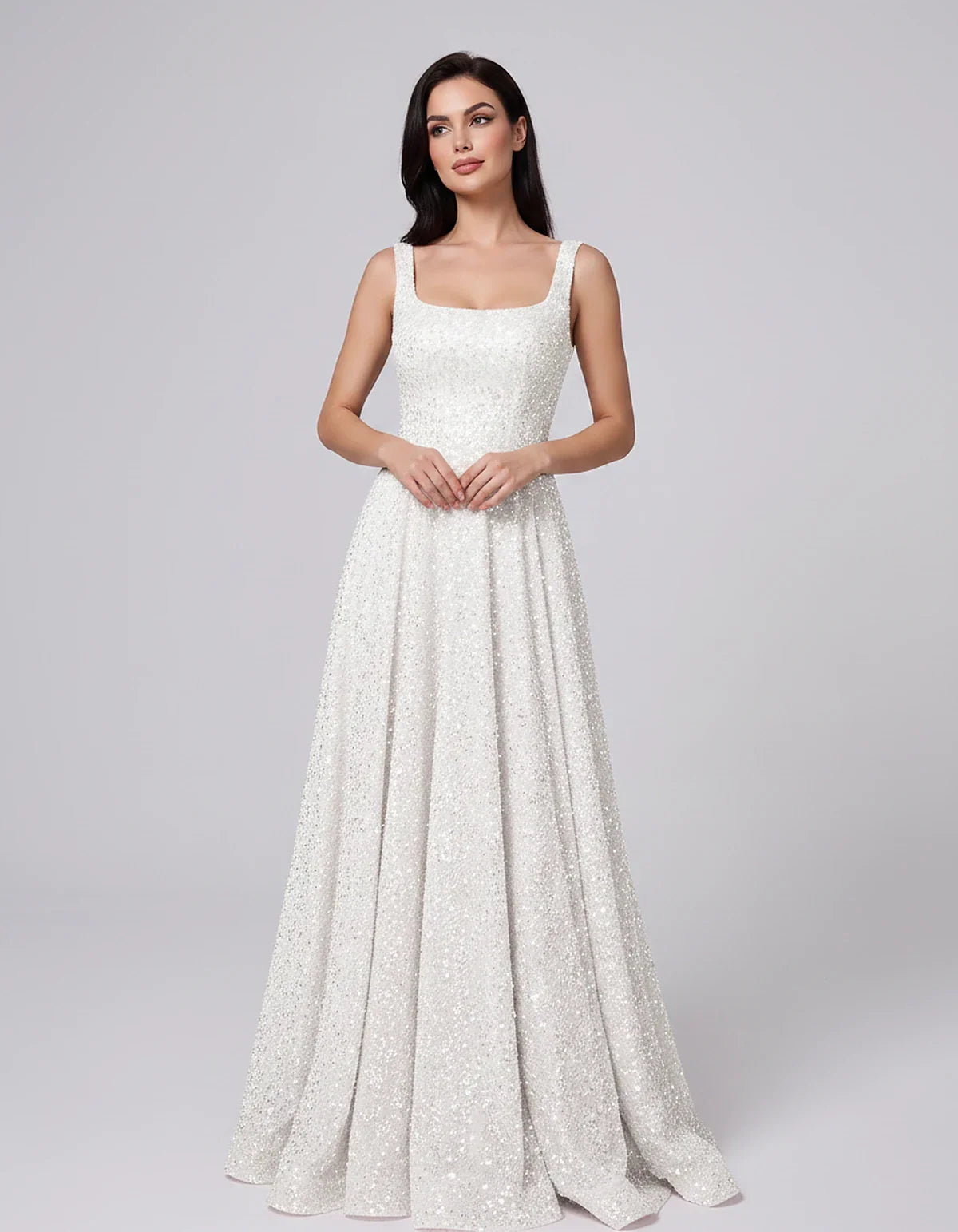 Sequin spaghetti strap square neck A-line floor length maxi dress for party, cocktail, evening, wedding guest, summer formal | SKU: SPD-482913756014582-IVORY-L,SPD-482913756014582-IVORY-M,SPD-482913756014582-IVORY-S,SPD-482913756014582-IVORY-XL,SPD-482913756014582-IVORY-XS
