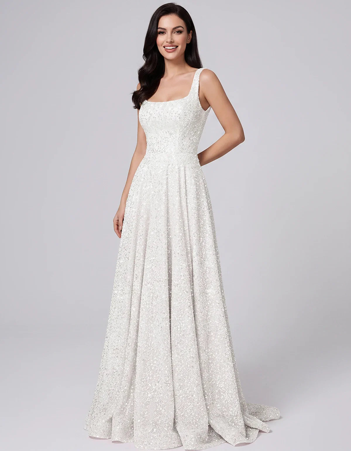 Sequin spaghetti strap square neck A-line floor length maxi dress for party, cocktail, evening, wedding guest, summer formal | SKU: SPD-482913756014582-IVORY-L,SPD-482913756014582-IVORY-M,SPD-482913756014582-IVORY-S,SPD-482913756014582-IVORY-XL,SPD-482913756014582-IVORY-XS