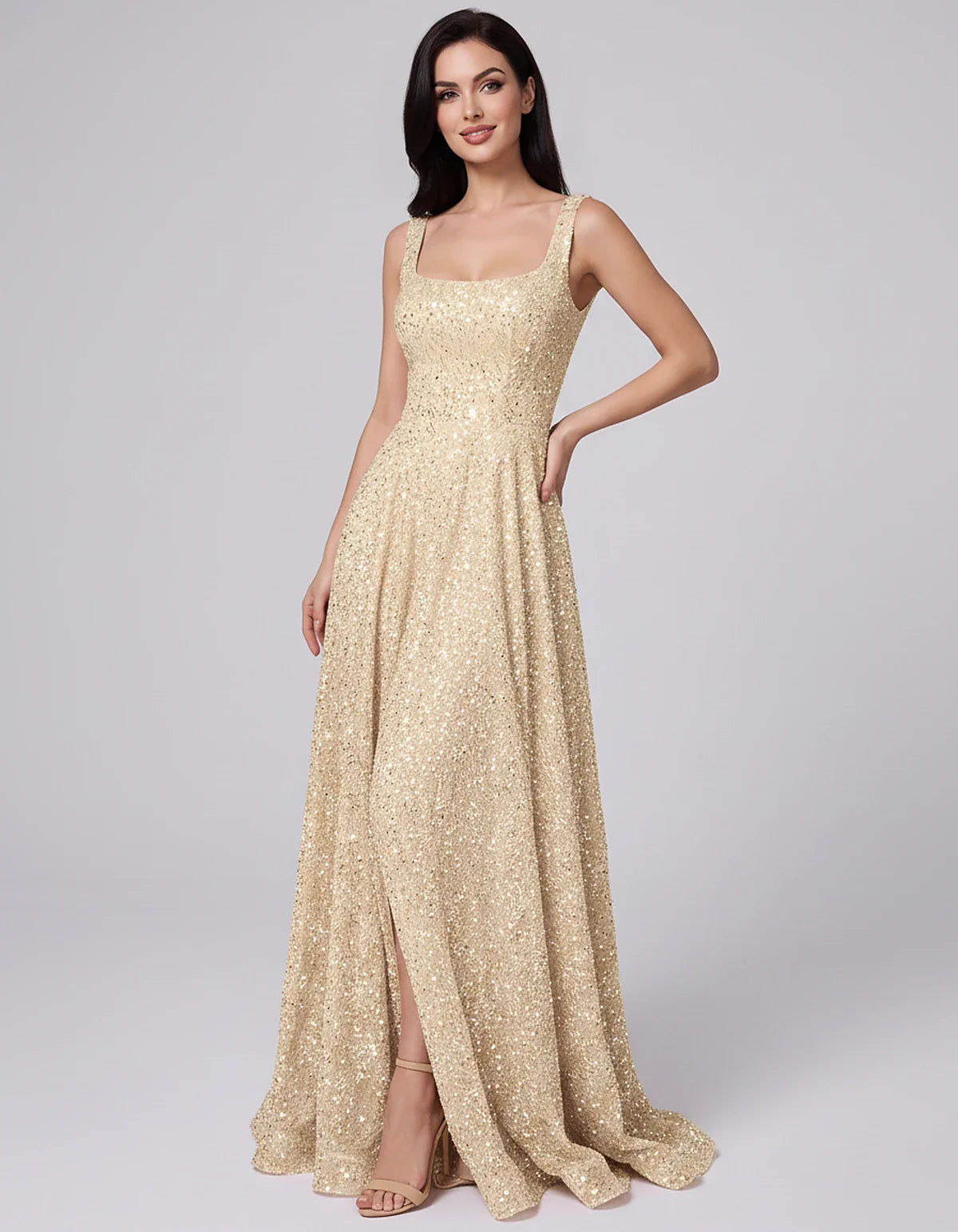 Sequin spaghetti strap square neck A-line floor length maxi dress for party, cocktail, evening, wedding guest, summer formal | SKU: SPD-482913756014582-CHAMPAGNE-L,SPD-482913756014582-CHAMPAGNE-M,SPD-482913756014582-CHAMPAGNE-S,SPD-482913756014582-CHAMPAGNE-XL,SPD-482913756014582-CHAMPAGNE-XS