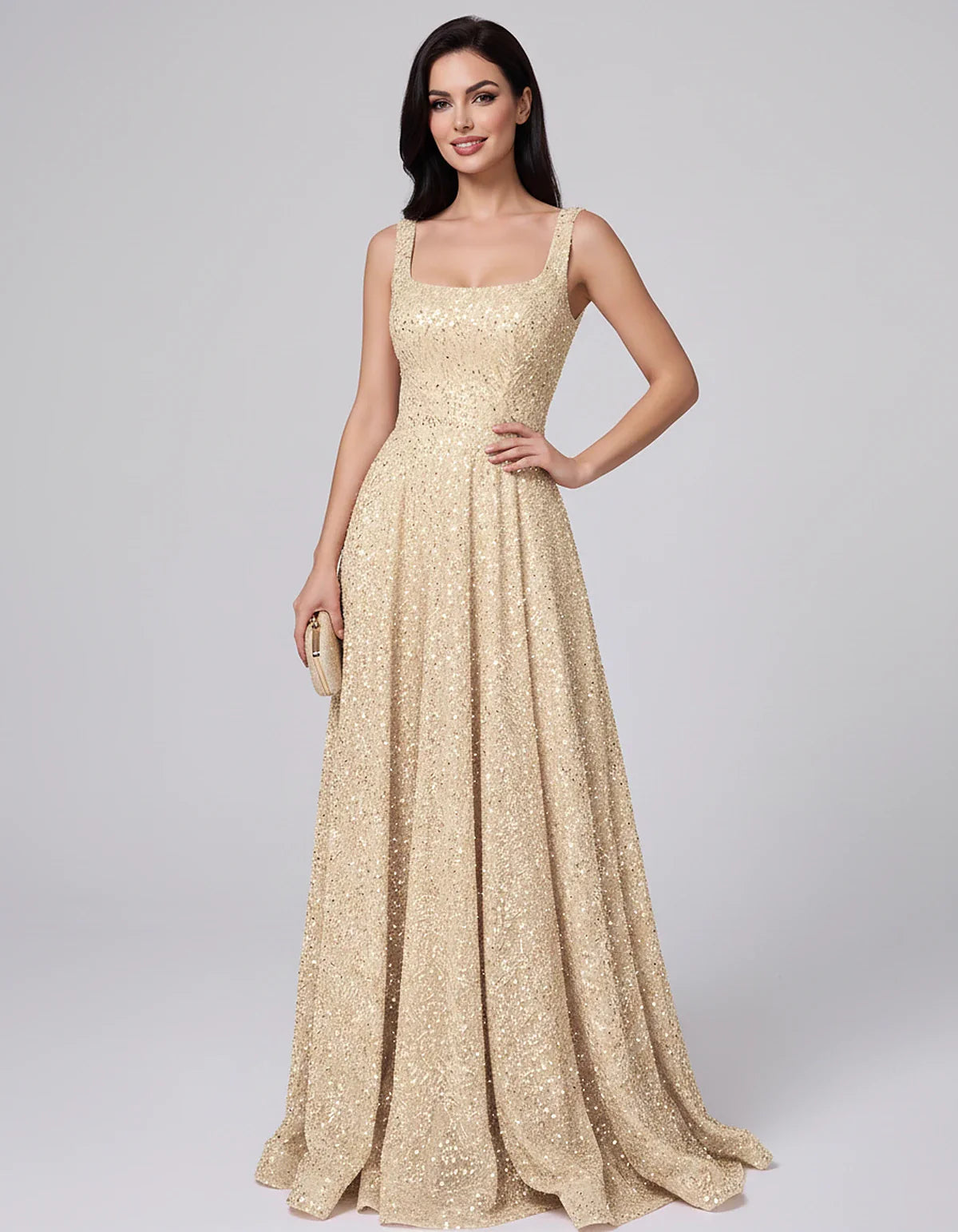Sequin spaghetti strap square neck A-line floor length maxi dress for party, cocktail, evening, wedding guest, summer formal | SKU: SPD-482913756014582-CHAMPAGNE-L,SPD-482913756014582-CHAMPAGNE-M,SPD-482913756014582-CHAMPAGNE-S,SPD-482913756014582-CHAMPAGNE-XL,SPD-482913756014582-CHAMPAGNE-XS