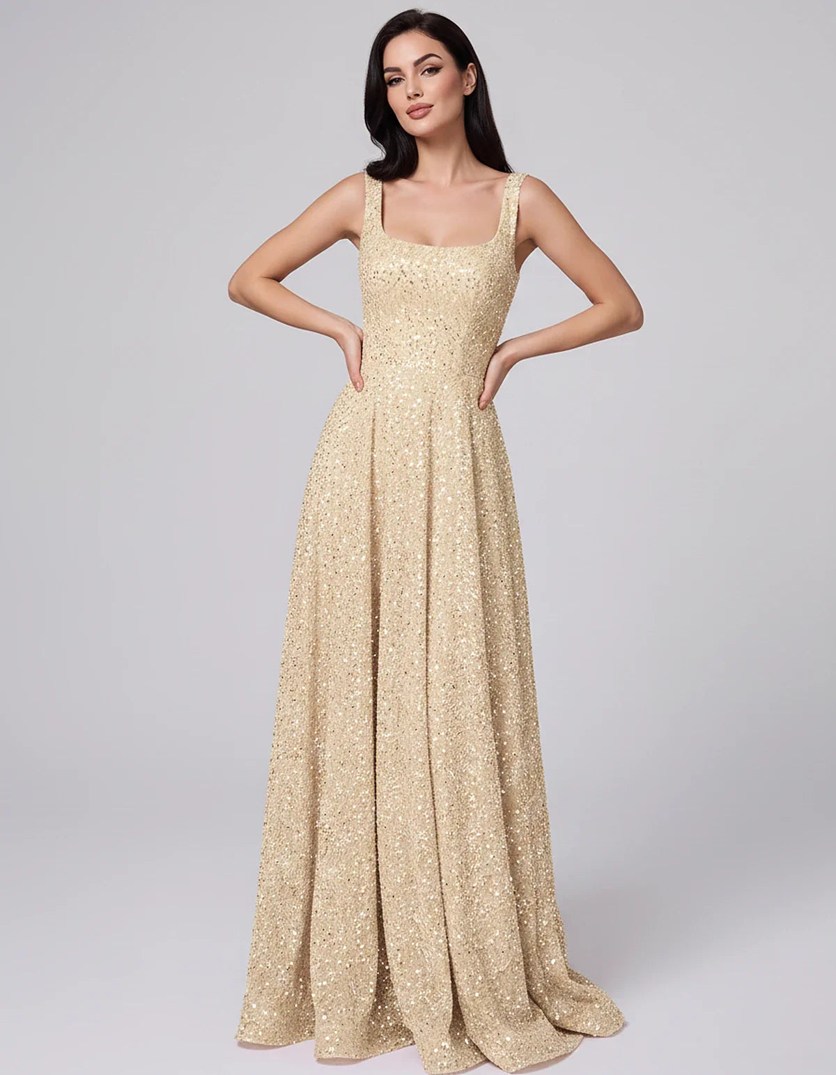 Sequin spaghetti strap square neck A-line floor length maxi dress for party, cocktail, evening, wedding guest, summer formal | SKU: SPD-482913756014582-CHAMPAGNE-L,SPD-482913756014582-CHAMPAGNE-M,SPD-482913756014582-CHAMPAGNE-S,SPD-482913756014582-CHAMPAGNE-XL,SPD-482913756014582-CHAMPAGNE-XS