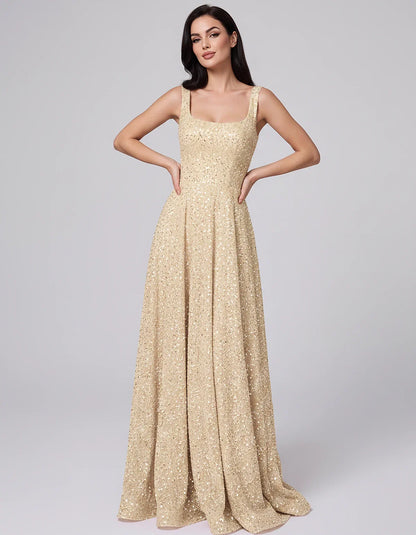 Sequin spaghetti strap square neck A-line floor length maxi dress for party, cocktail, evening, wedding guest, summer formal | SKU: SPD-482913756014582-CHAMPAGNE-L,SPD-482913756014582-CHAMPAGNE-M,SPD-482913756014582-CHAMPAGNE-S,SPD-482913756014582-CHAMPAGNE-XL,SPD-482913756014582-CHAMPAGNE-XS