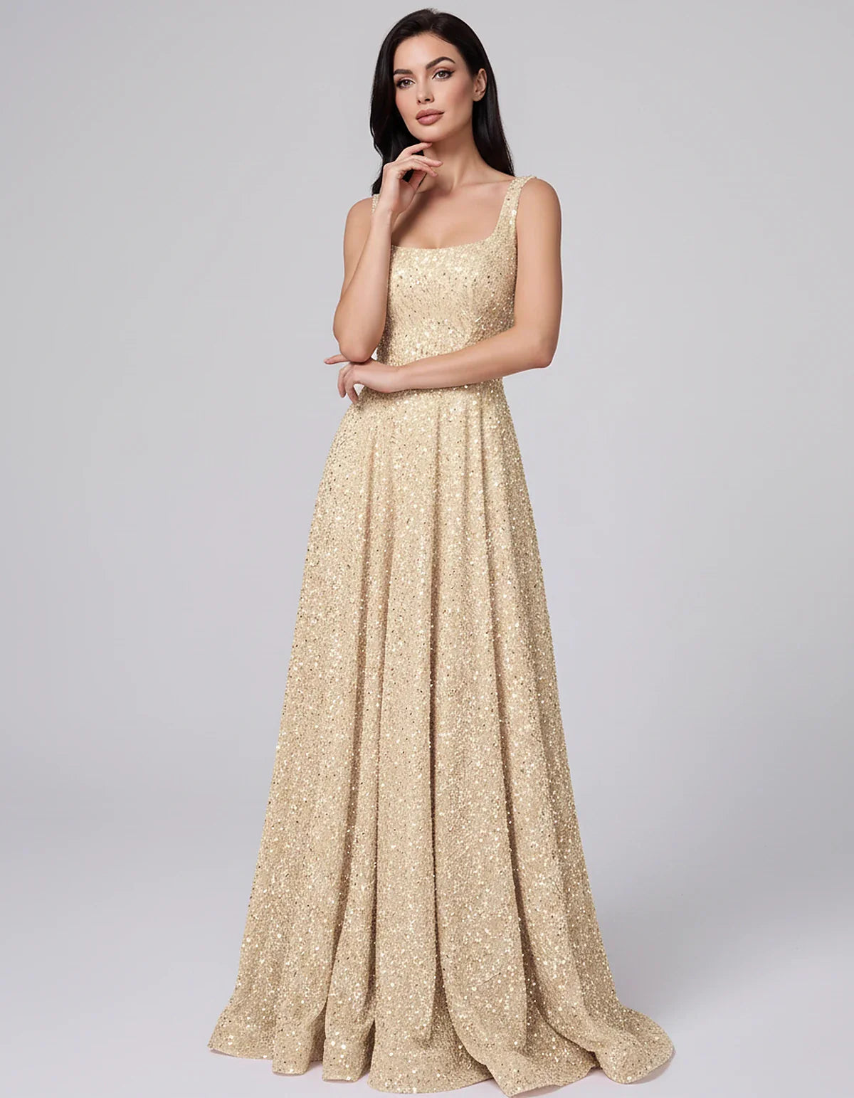 Sequin spaghetti strap square neck A-line floor length maxi dress for party, cocktail, evening, wedding guest, summer formal | SKU: SPD-482913756014582-CHAMPAGNE-L,SPD-482913756014582-CHAMPAGNE-M,SPD-482913756014582-CHAMPAGNE-S,SPD-482913756014582-CHAMPAGNE-XL,SPD-482913756014582-CHAMPAGNE-XS