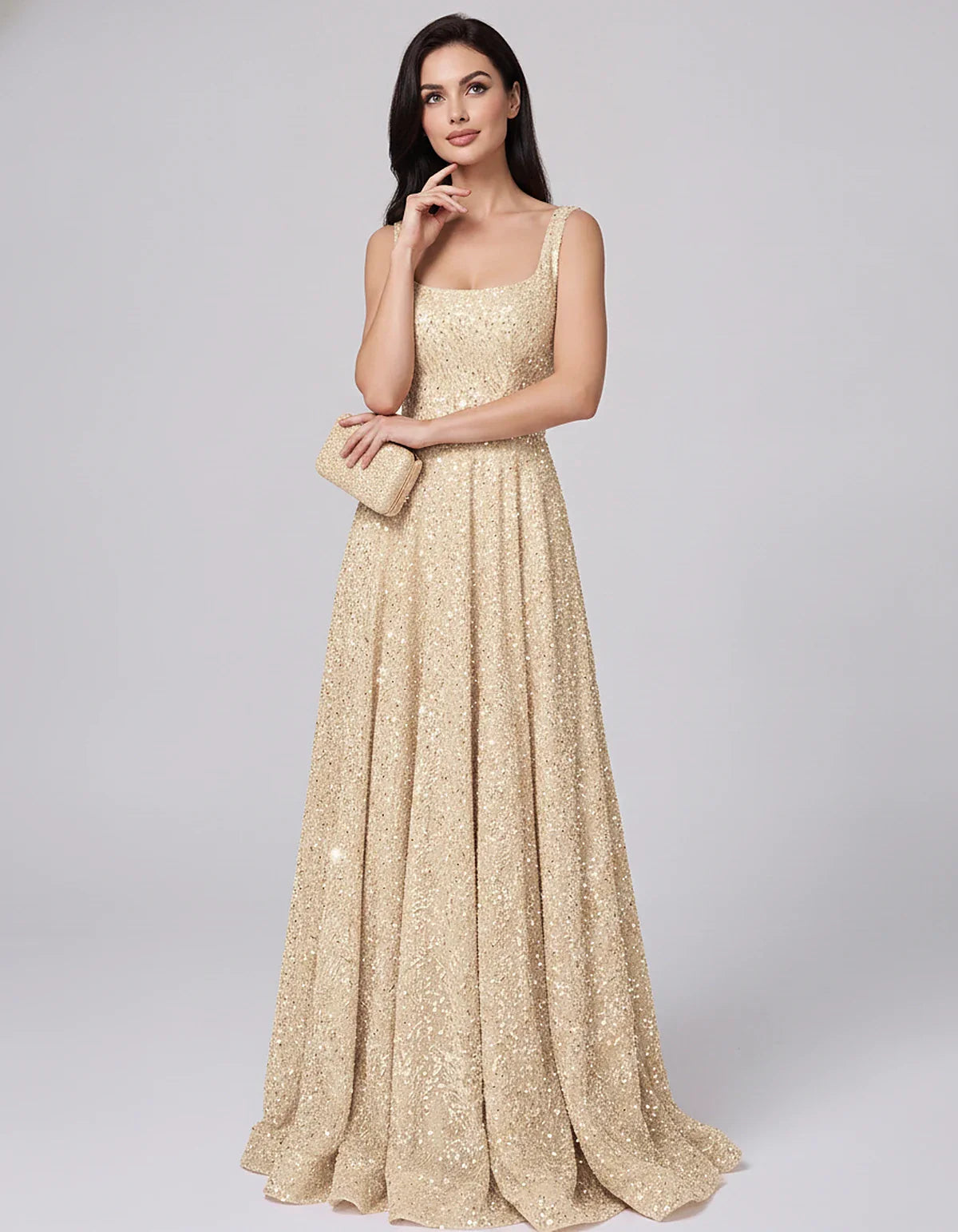 Sequin spaghetti strap square neck A-line floor length maxi dress for party, cocktail, evening, wedding guest, summer formal | SKU: SPD-482913756014582-CHAMPAGNE-L,SPD-482913756014582-CHAMPAGNE-M,SPD-482913756014582-CHAMPAGNE-S,SPD-482913756014582-CHAMPAGNE-XL,SPD-482913756014582-CHAMPAGNE-XS