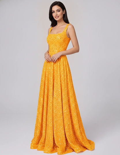 Sequin spaghetti strap square neck A-line floor length maxi dress for party, cocktail, evening, wedding guest, summer formal | SKU: SPD-482913756014582-ORANGE-L,SPD-482913756014582-ORANGE-M,SPD-482913756014582-ORANGE-S,SPD-482913756014582-ORANGE-XL,SPD-482913756014582-ORANGE-XS