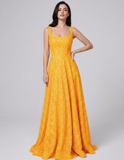 Sequin spaghetti strap square neck A-line floor length maxi dress for party, cocktail, evening, wedding guest, summer formal | SKU: SPD-482913756014582-ORANGE-L,SPD-482913756014582-ORANGE-M,SPD-482913756014582-ORANGE-S,SPD-482913756014582-ORANGE-XL,SPD-482913756014582-ORANGE-XS