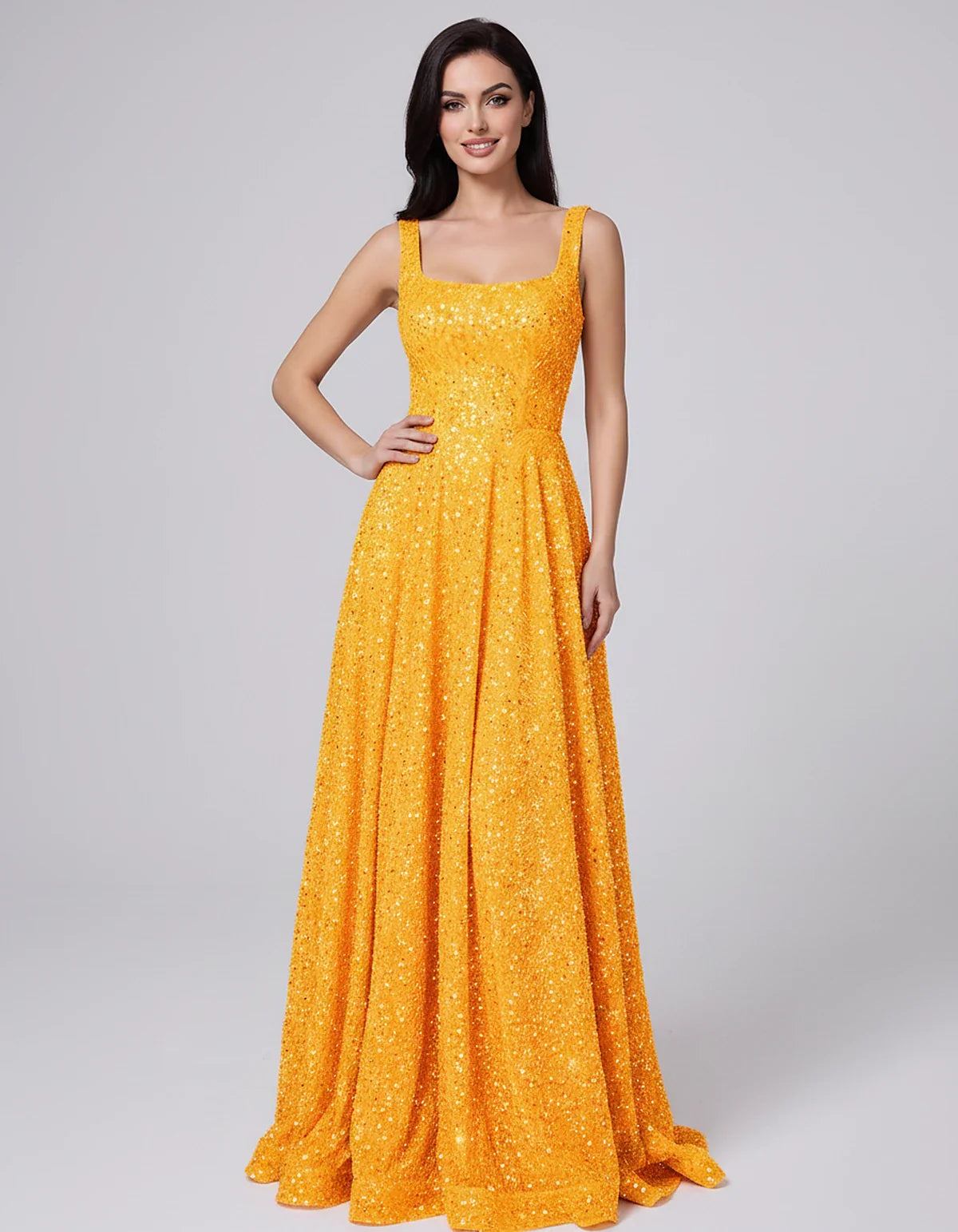 Sequin spaghetti strap square neck A-line floor length maxi dress for party, cocktail, evening, wedding guest, summer formal | SKU: SPD-482913756014582-ORANGE-L,SPD-482913756014582-ORANGE-M,SPD-482913756014582-ORANGE-S,SPD-482913756014582-ORANGE-XL,SPD-482913756014582-ORANGE-XS