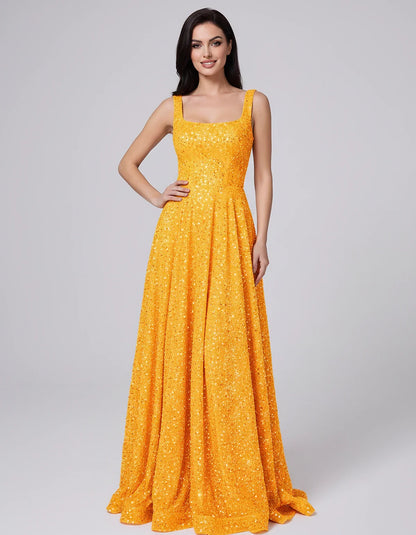 Sequin spaghetti strap square neck A-line floor length maxi dress for party, cocktail, evening, wedding guest, summer formal | SKU: SPD-482913756014582-ORANGE-L,SPD-482913756014582-ORANGE-M,SPD-482913756014582-ORANGE-S,SPD-482913756014582-ORANGE-XL,SPD-482913756014582-ORANGE-XS