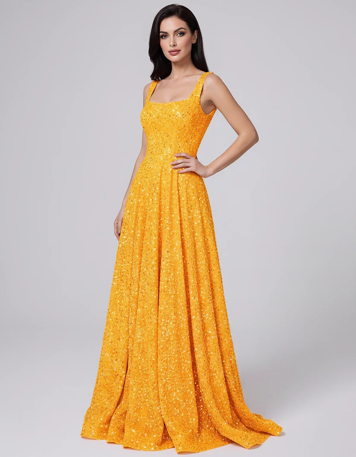Sequin spaghetti strap square neck A-line floor length maxi dress for party, cocktail, evening, wedding guest, summer formal | SKU: SPD-482913756014582-ORANGE-L,SPD-482913756014582-ORANGE-M,SPD-482913756014582-ORANGE-S,SPD-482913756014582-ORANGE-XL,SPD-482913756014582-ORANGE-XS