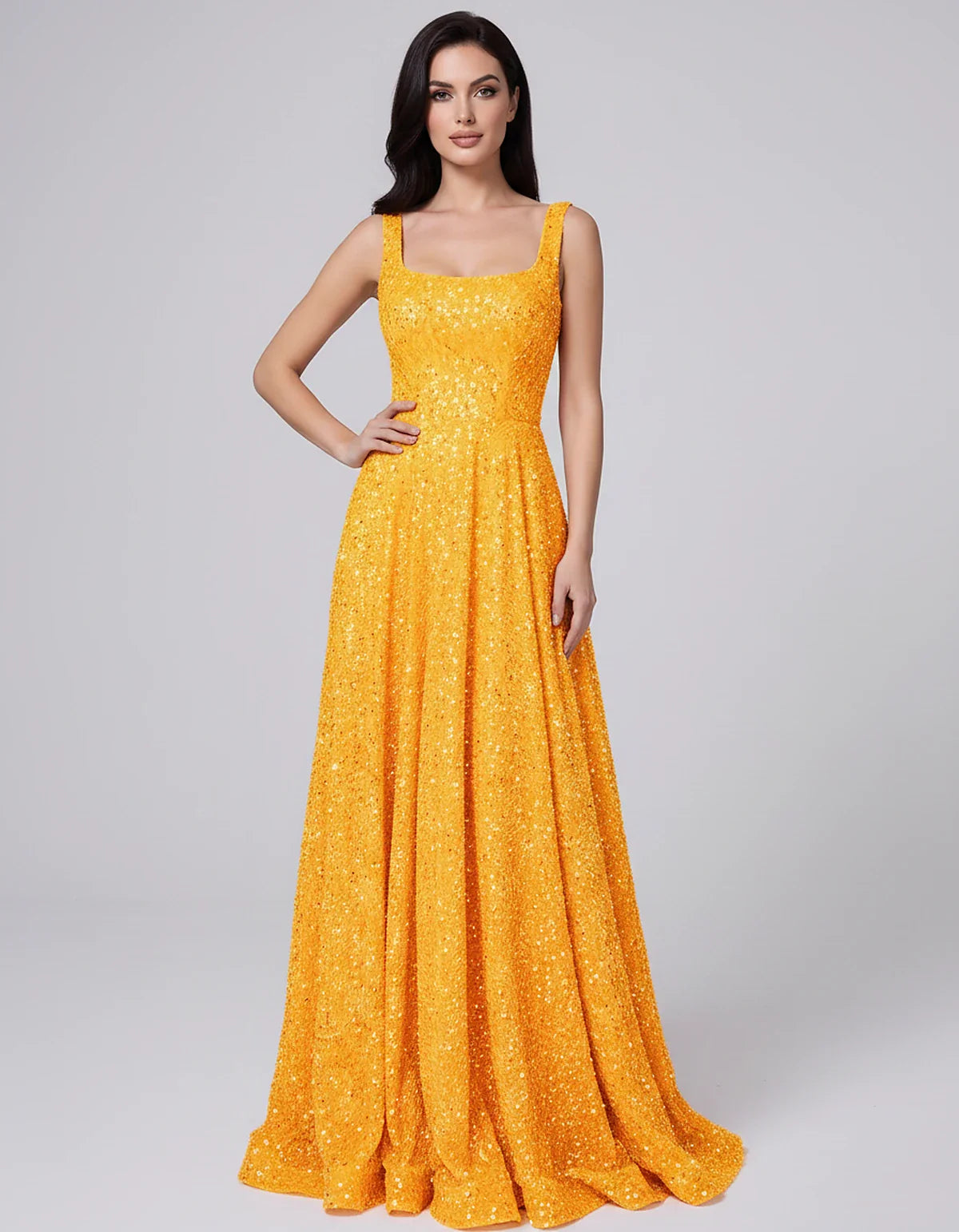 Sequin spaghetti strap square neck A-line floor length maxi dress for party, cocktail, evening, wedding guest, summer formal | SKU: SPD-482913756014582-ORANGE-L,SPD-482913756014582-ORANGE-M,SPD-482913756014582-ORANGE-S,SPD-482913756014582-ORANGE-XL,SPD-482913756014582-ORANGE-XS