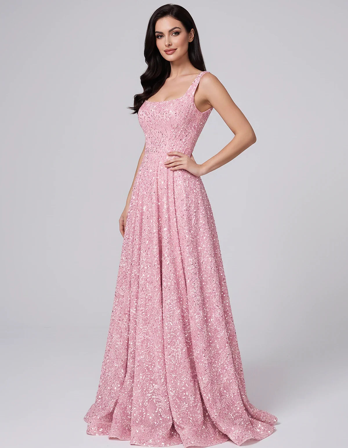 Sequin spaghetti strap square neck A-line floor length maxi dress for party, cocktail, evening, wedding guest, summer formal | SKU: SPD-482913756014582-PINK-L,SPD-482913756014582-PINK-M,SPD-482913756014582-PINK-S,SPD-482913756014582-PINK-XL,SPD-482913756014582-PINK-XS