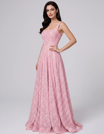Sequin spaghetti strap square neck A-line floor length maxi dress for party, cocktail, evening, wedding guest, summer formal | SKU: SPD-482913756014582-PINK-L,SPD-482913756014582-PINK-M,SPD-482913756014582-PINK-S,SPD-482913756014582-PINK-XL,SPD-482913756014582-PINK-XS