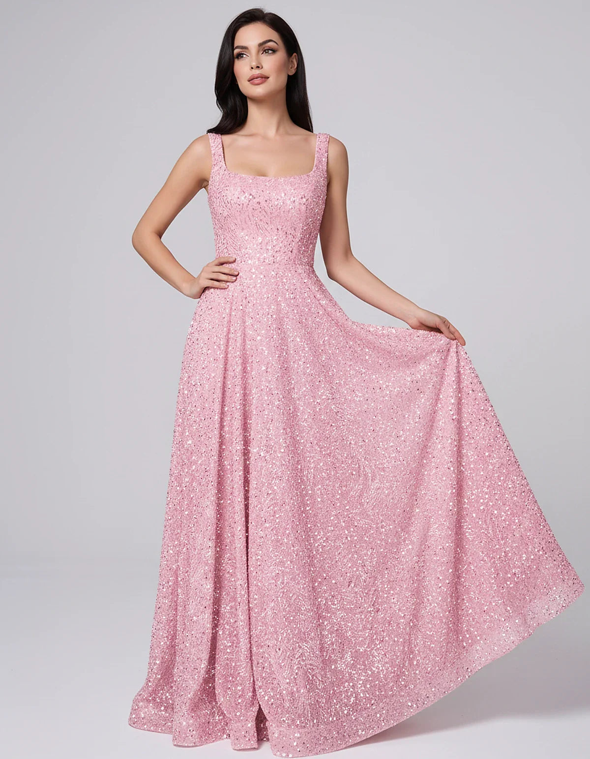 Sequin spaghetti strap square neck A-line floor length maxi dress for party, cocktail, evening, wedding guest, summer formal | SKU: SPD-482913756014582-PINK-L,SPD-482913756014582-PINK-M,SPD-482913756014582-PINK-S,SPD-482913756014582-PINK-XL,SPD-482913756014582-PINK-XS