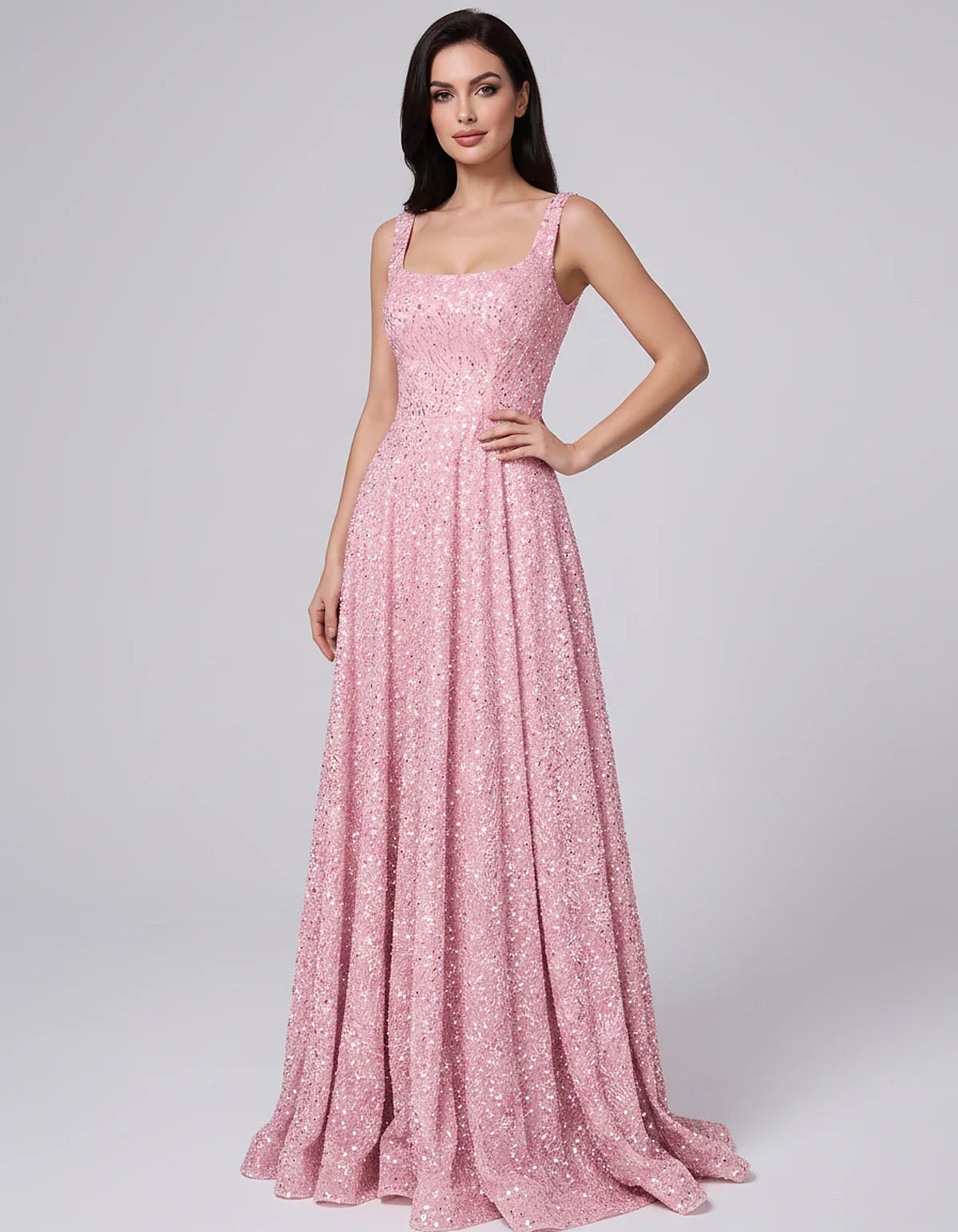 Sequin spaghetti strap square neck A-line floor length maxi dress for party, cocktail, evening, wedding guest, summer formal | SKU: SPD-482913756014582-PINK-L,SPD-482913756014582-PINK-M,SPD-482913756014582-PINK-S,SPD-482913756014582-PINK-XL,SPD-482913756014582-PINK-XS