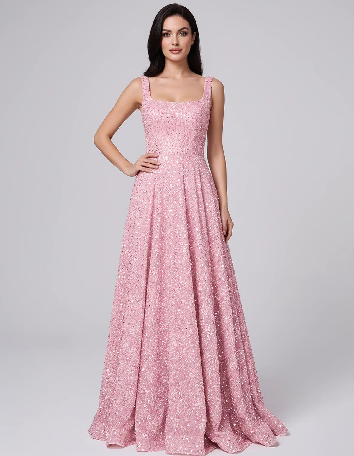 Sequin spaghetti strap square neck A-line floor length maxi dress for party, cocktail, evening, wedding guest, summer formal | SKU: SPD-482913756014582-PINK-L,SPD-482913756014582-PINK-M,SPD-482913756014582-PINK-S,SPD-482913756014582-PINK-XL,SPD-482913756014582-PINK-XS