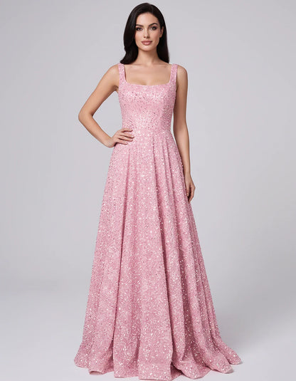 Sequin spaghetti strap square neck A-line floor length maxi dress for party, cocktail, evening, wedding guest, summer formal | SKU: SPD-482913756014582-PINK-L,SPD-482913756014582-PINK-M,SPD-482913756014582-PINK-S,SPD-482913756014582-PINK-XL,SPD-482913756014582-PINK-XS